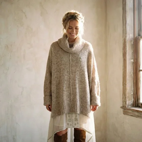 KAISLEY Scandi Neutral Heathered Cowl Turtleneck Boho Oversized Sweater Sz S - Picture 5 of 12